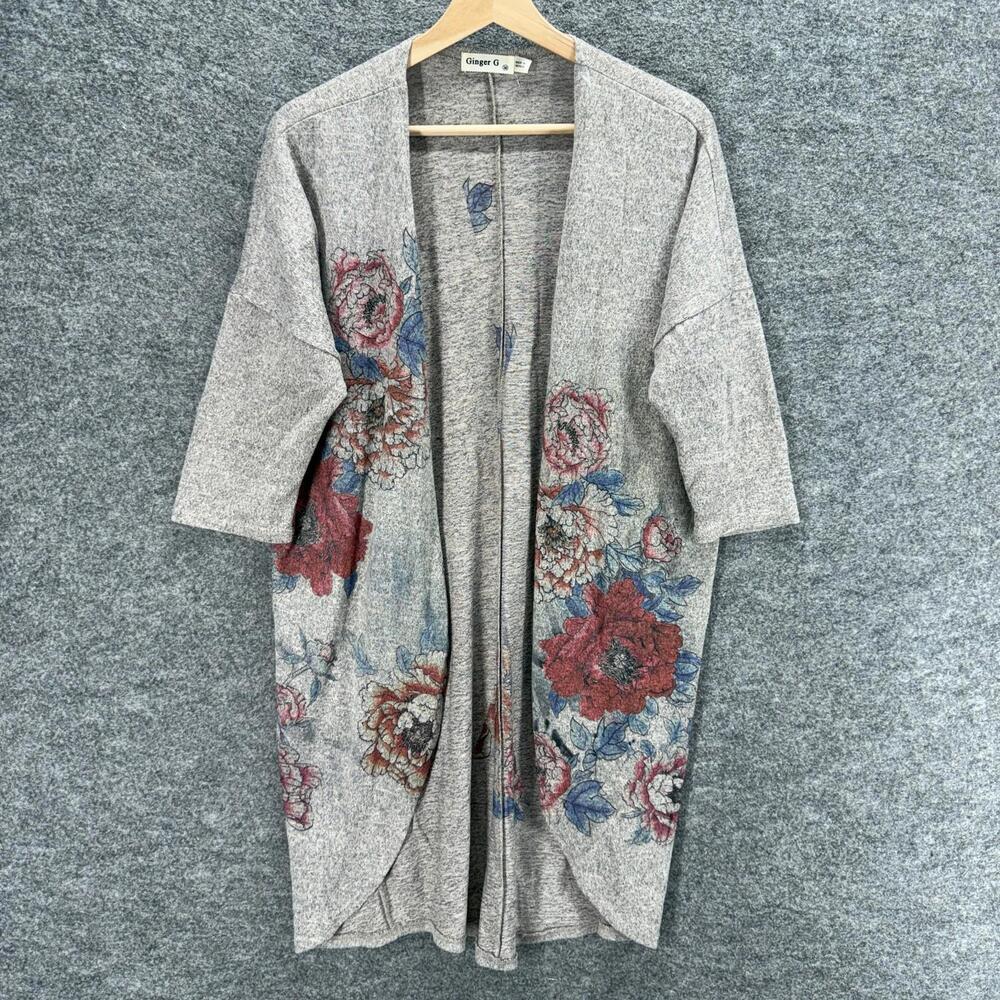 Ginger G Cardigan Women M Medium Gray Floral Open Front 3/4 Sleeve Casual